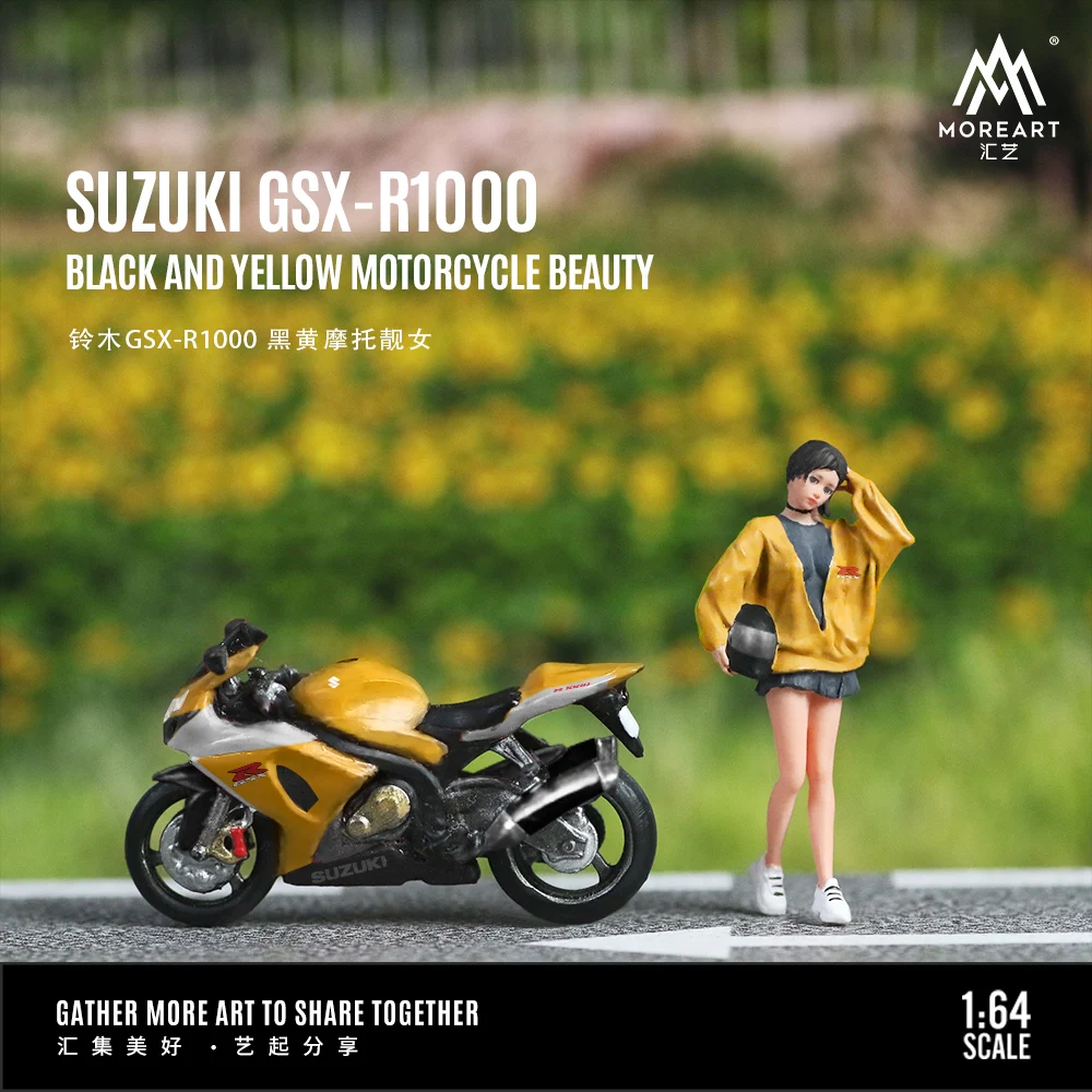 Preordine MoreArt 1/64 Suzu GSX-R1000 Classico Nero e Giallo Moto Bella Ragazza Set di Bambole Decorazioni per la Casa