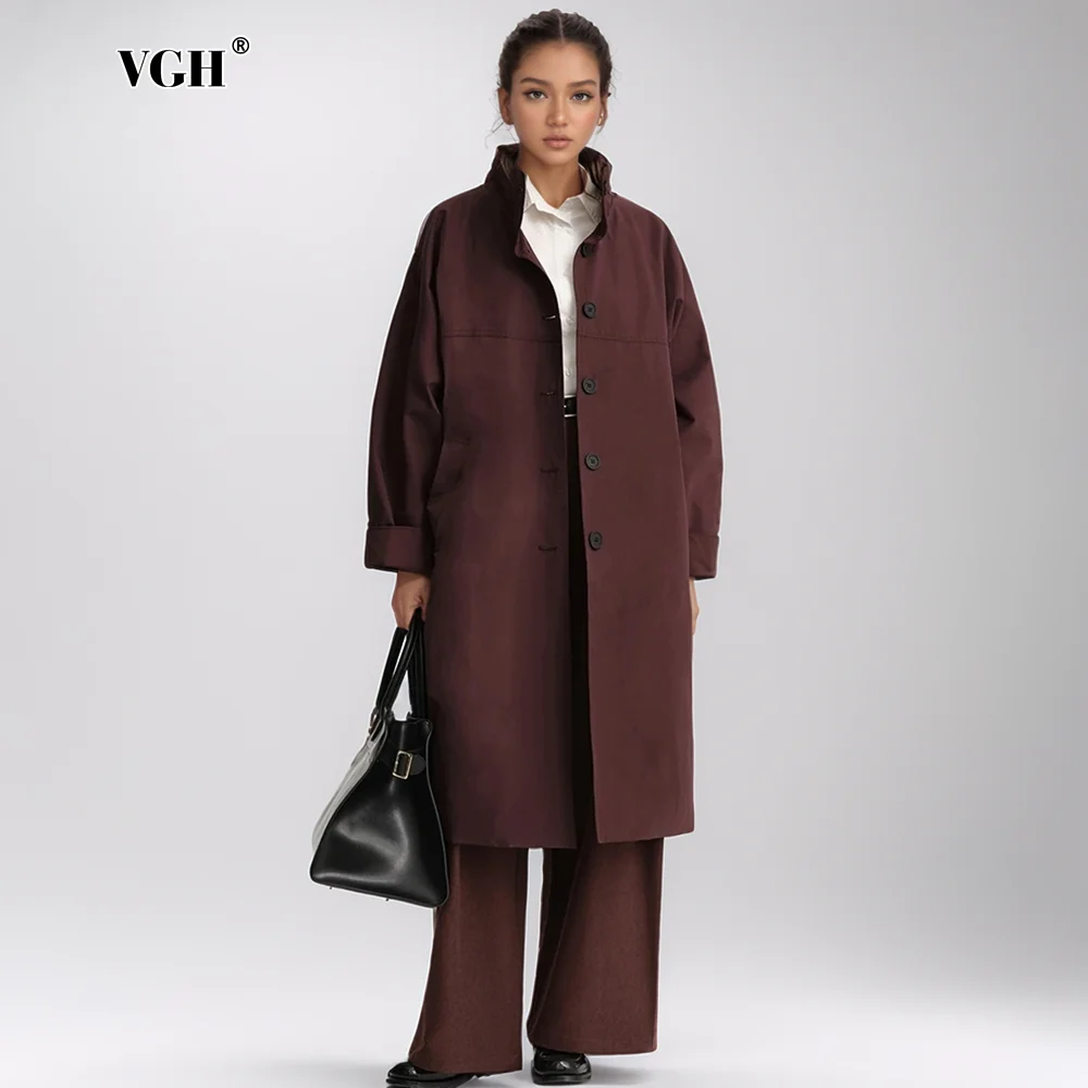 

VGH Solid Minimalist Patchwork Button Loose Coat For Women Stand Collar Long Sleeve Spliced Pockets Trench Jackets Female New