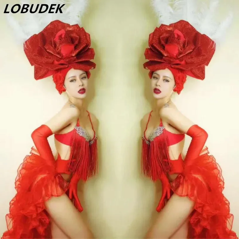 

Bar Club Sexy Female Stage Wear Red Flower Feather Headgear Tassel Bikini Tail Dance Outfit DJ Singer Team Performance Costume