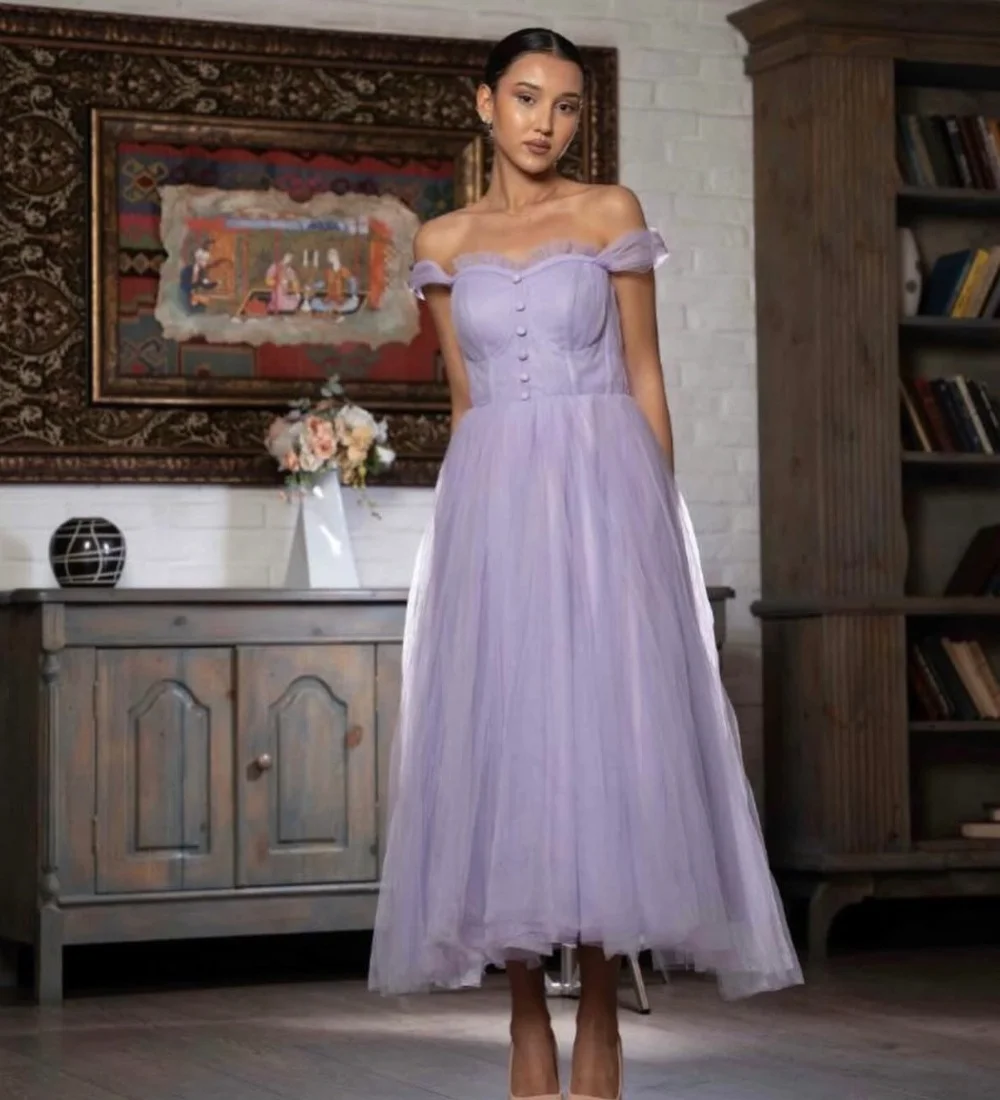 

Индивидуальные вечерние платья фиолетового цвета в пасторальном стиле, с тюлевыми складками, драпировкой, А-силуэт, с открытыми плечами, длиной до щиколотки, доступны разные размеры