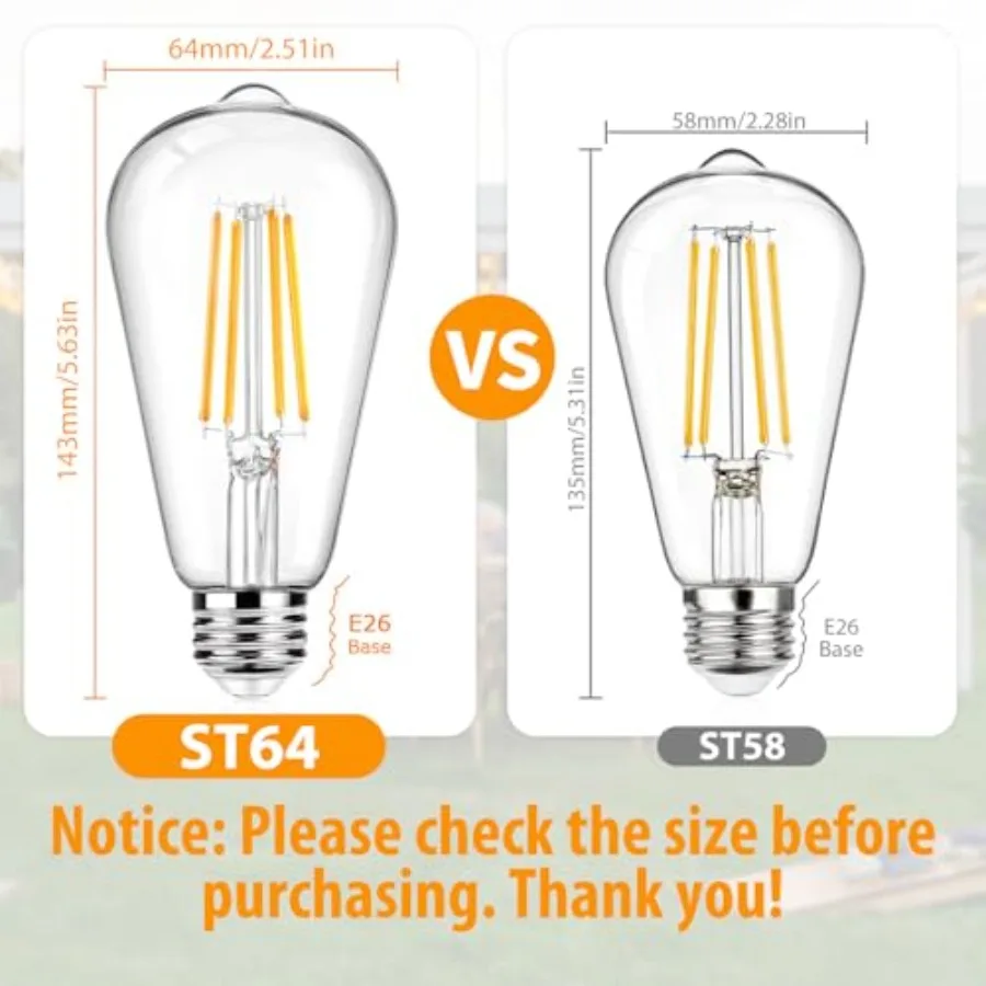 12Packs ST64 Large Vintage LED Edison Bulbs, 60W Equivalent 7W, 800Lumens, Dimmable Antique LED Filament, 2700K Warm White, E26