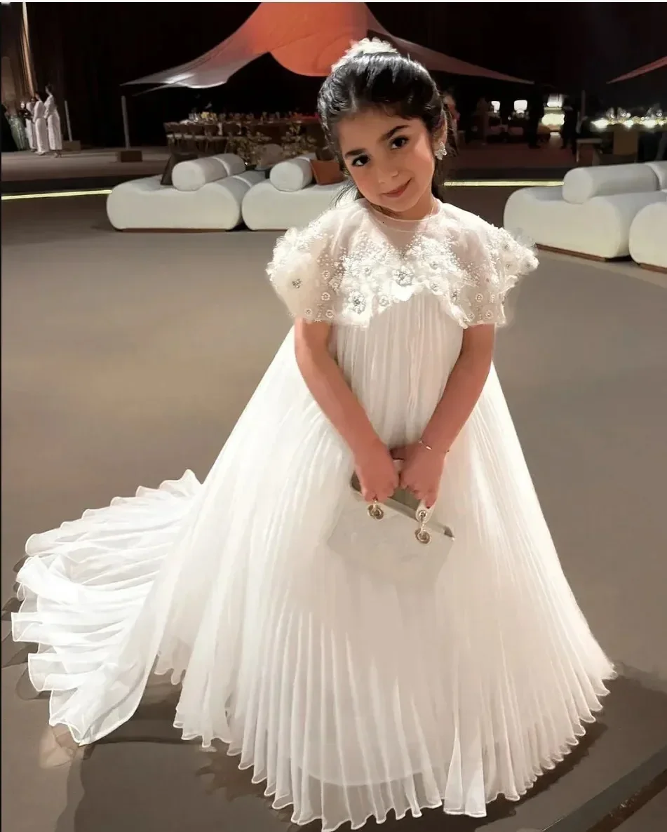 Customized Flower Girls Dresses Vintage Ivory Satin Pearls Top With Bow For Wedding Birthday Party Princess Baptism Gowns