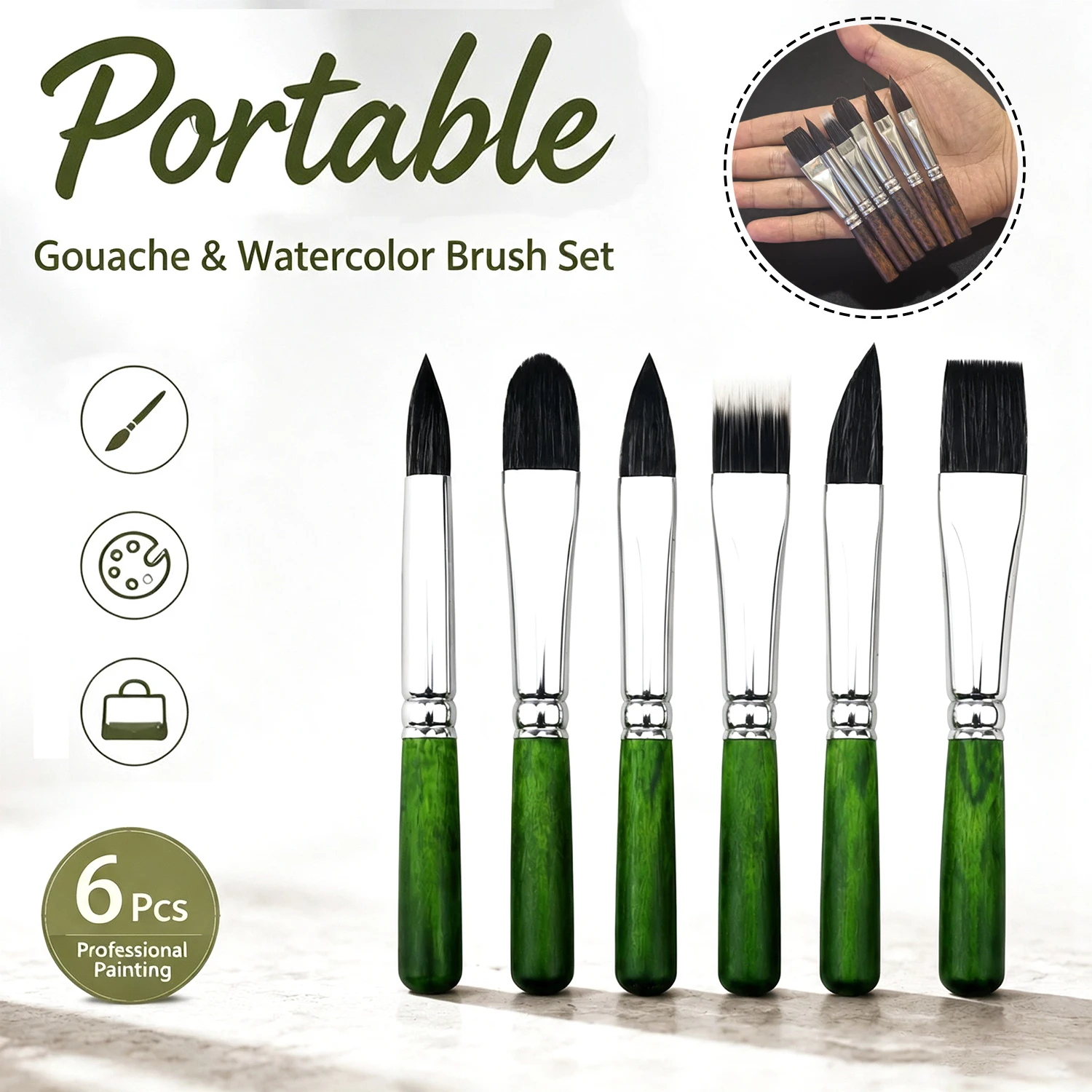 6Pcs Mini Short Handle Watercolor Brush Set With Box Portable Nylon Paint Brush Multi-Function Acrylic Painting Art Supplies