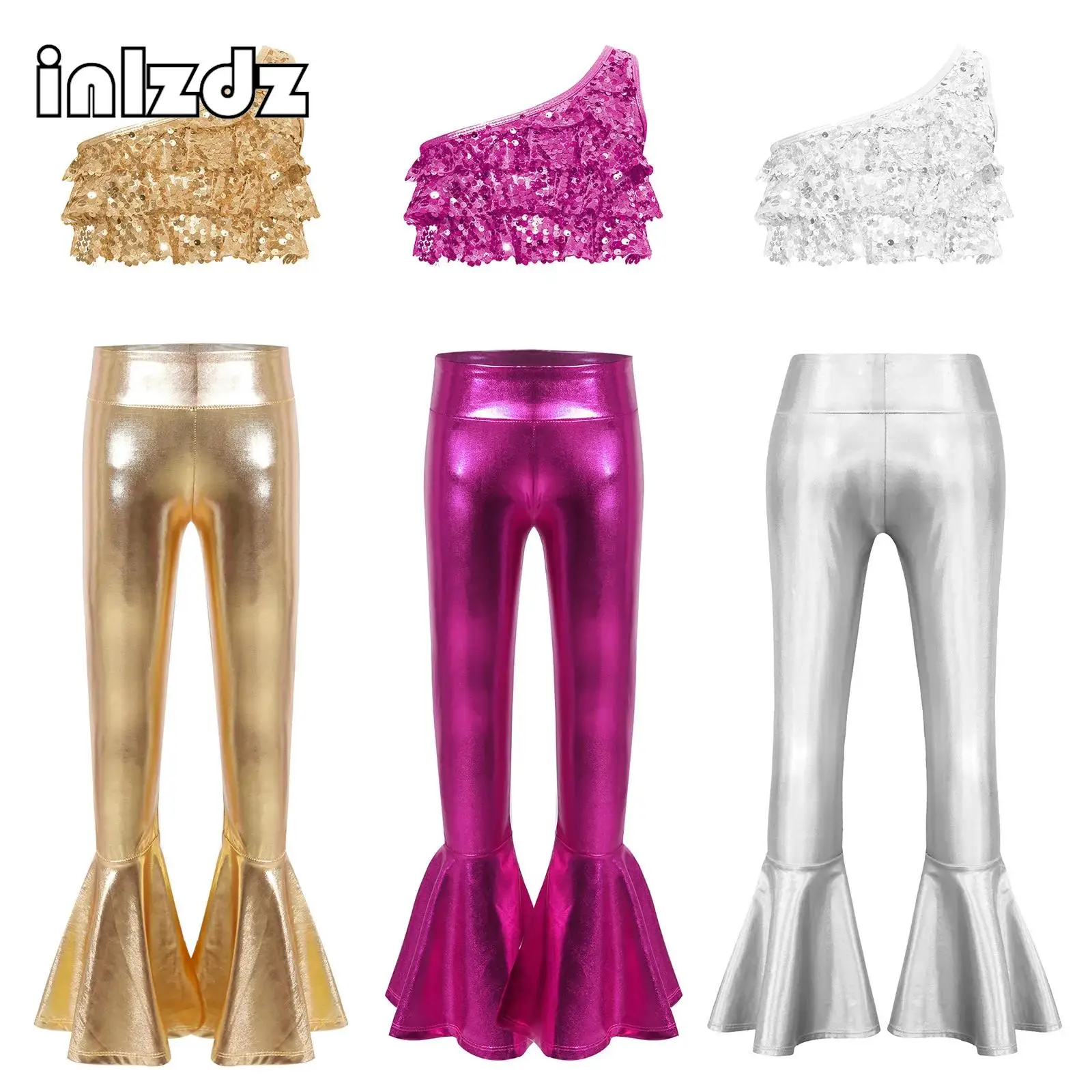 

Kids Girls Sequins Jazz Dance Sets Latin Samba Chacha Performance Stage Show Costume One Shoulder Sleeveless Crop Top+Pants Sets