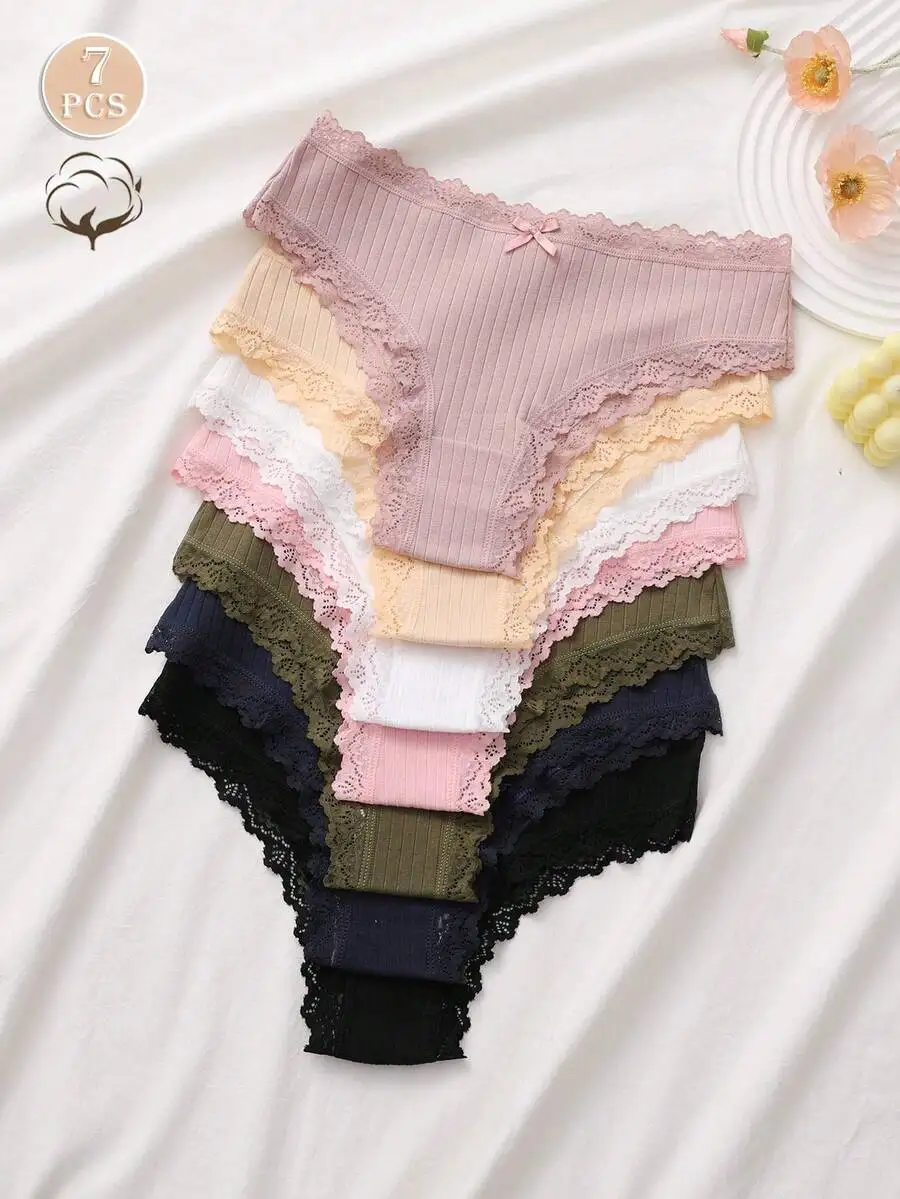 

7-Pack Ribbed Cotton Lace Trim Bikini Panties for Women