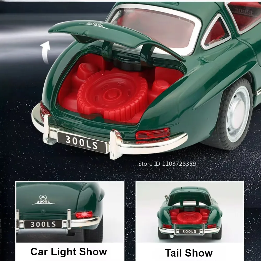 1:32 스케일 300SL 빈티지 자동차 장난감 모델 합금 다이캐스트 S400L 미니 장난감 당겨서 문 열기 소리 빛 축제 소년을 위한 선물