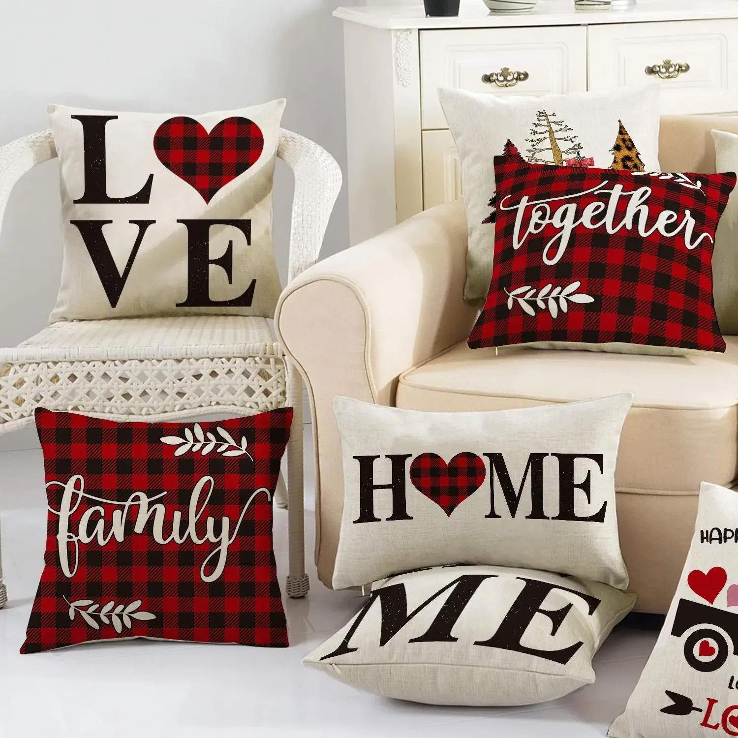 Red Black Plaid Valentine’s Day Linen Pillow Cover Sofa Cushion Cover Home Decor can be customized for you 40x40 50x50 60x60