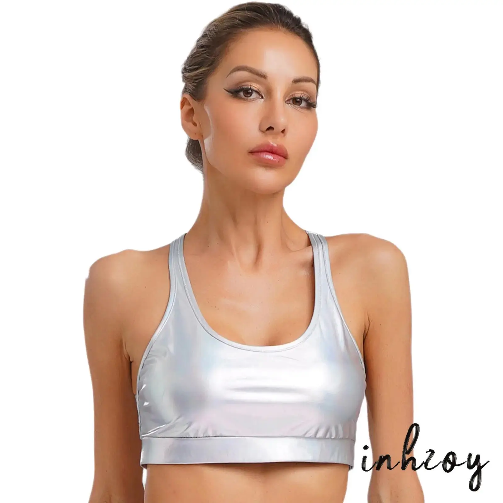

Womens Low Scoop Neck Sleeveless Corset Slim Fit Rave Camisole Top Metallic Shiny Crop Vest for Carnival Club Night Pole Dance