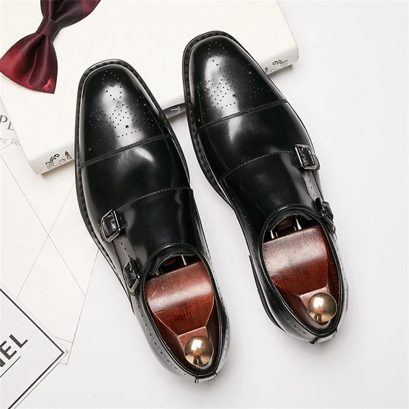 Brogue Men\'s Monk Strap Formal Shoes Genuine Leather Handmade Double Buckles Wingtip Toe Wedding Business Dress Shoes for Men