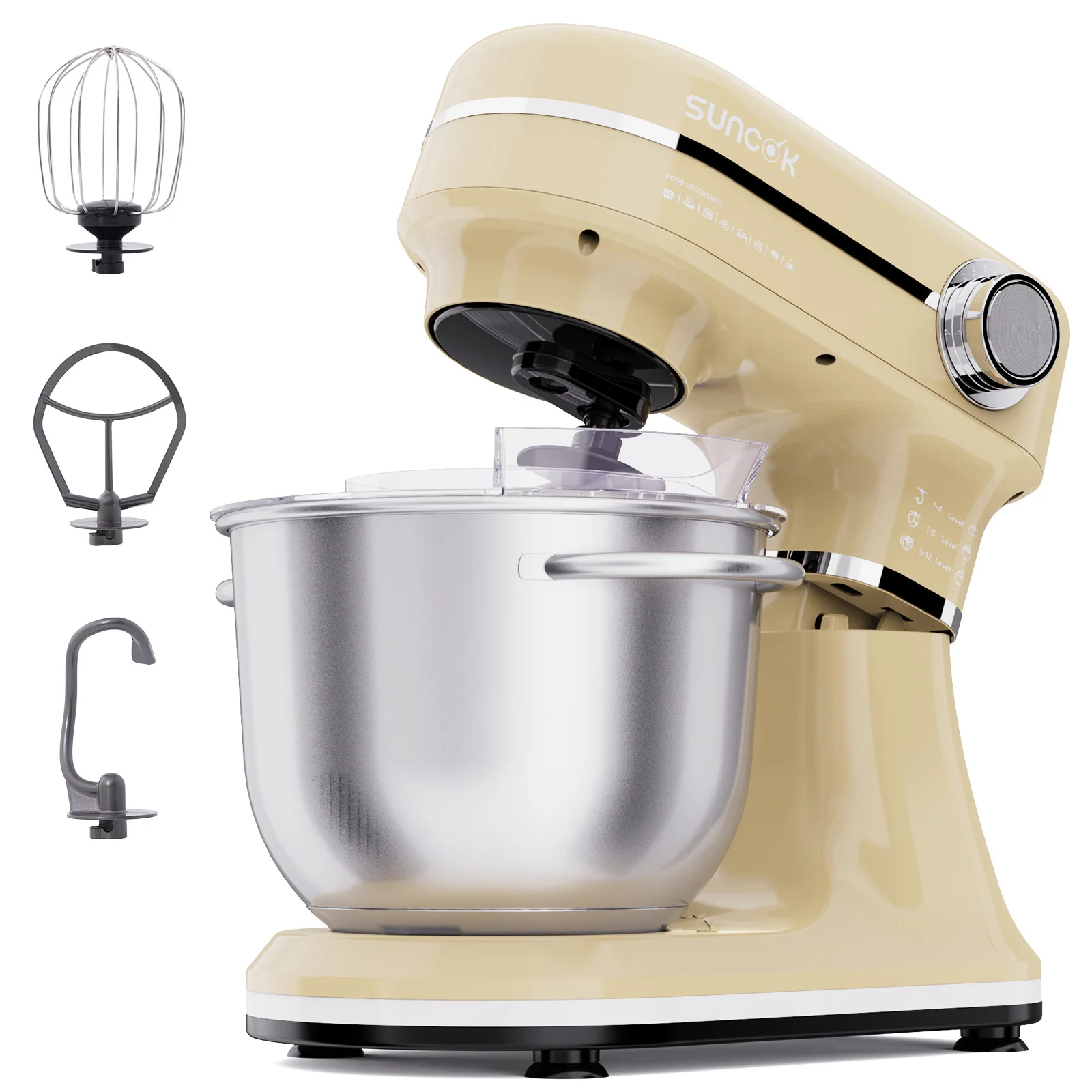 SUNCOK keukenmachine 1500W, keukenapparaat met 2 roestvrijstalen mengkommen van 4,5 & 5,5L, 12 snelheden, geluidsarm, keukenmixer, deegmachine met menghaak, deeghaak, klopper en spatbescherming