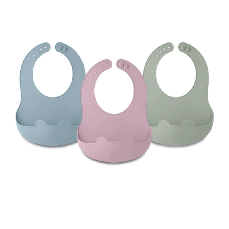 Bear Silicone Bibs Babies Waterproof Bib Solid Color 6-speed Adjustment Saliva Pocket Children's Burp Cloths Accessories Newborn