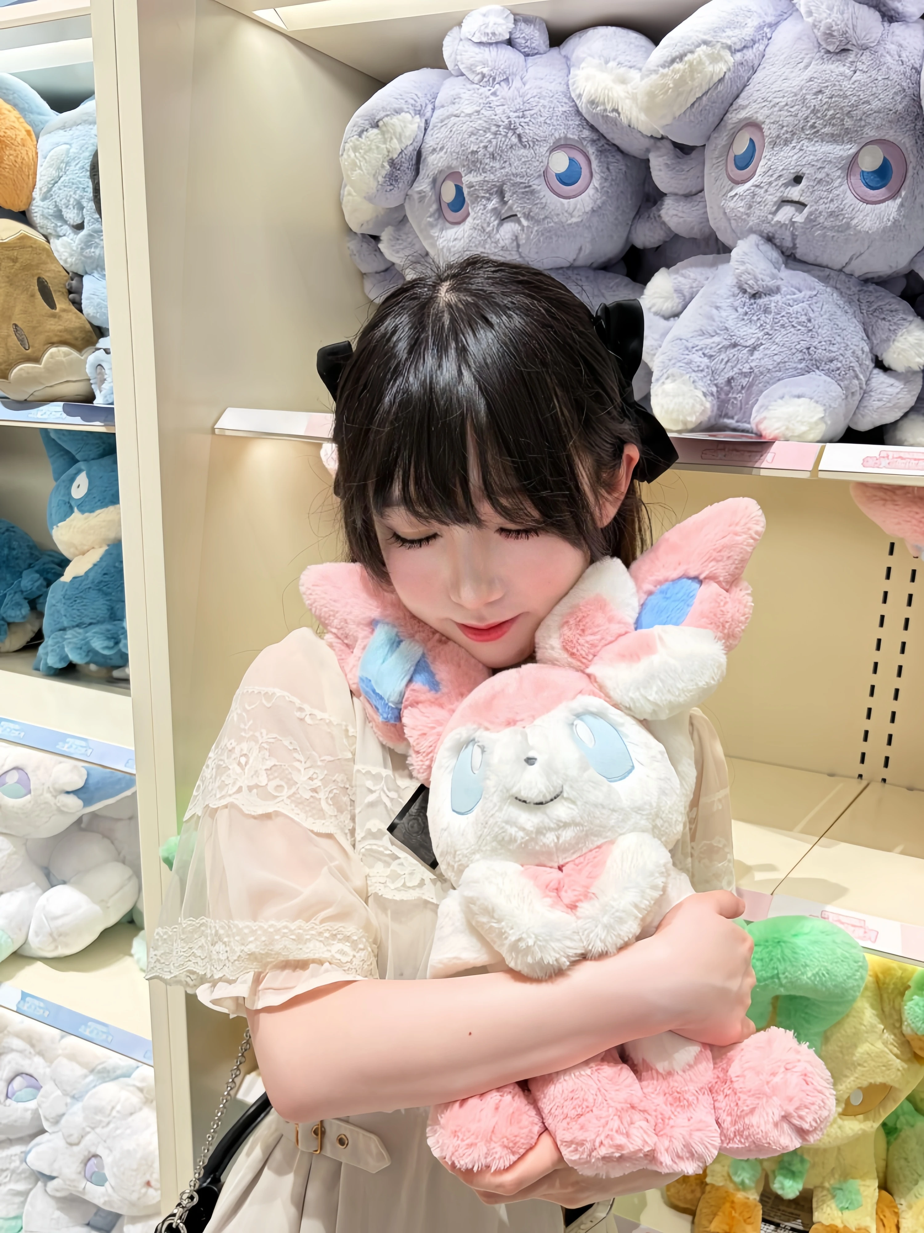 Pokemon Sitting Sylveon Plush Doll Huggable Soft Fluffy Throw Pillow Espurr Stuffed Toy, Safe Home Decor Gift for Kids