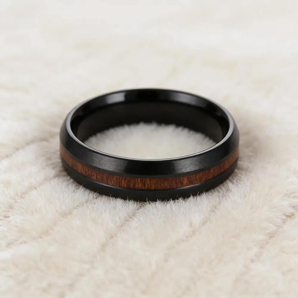 Vintage Black Color Round Wooden Stainless Steel Rings For Men Hip Hop Male Engagement Wedding Bands Jewelry Boyfriend Gifts
