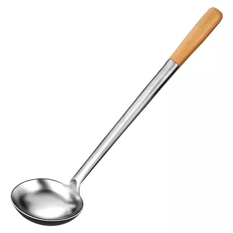 1Pc Stainless Steel Wok Spoon With Wood Handle Extra Thick Soup Porridge Ladle Heat Insulation Kitchen Cooking Utensil For Home