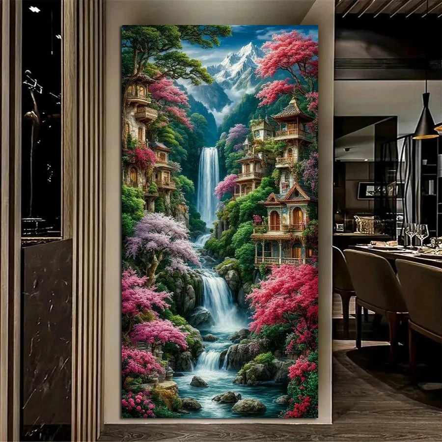 

Fullcang Mountain Castle Waterfall Scenery Large Size Diy Diamond Painting Full Square Round Drill Mosaic Embroidery Picture