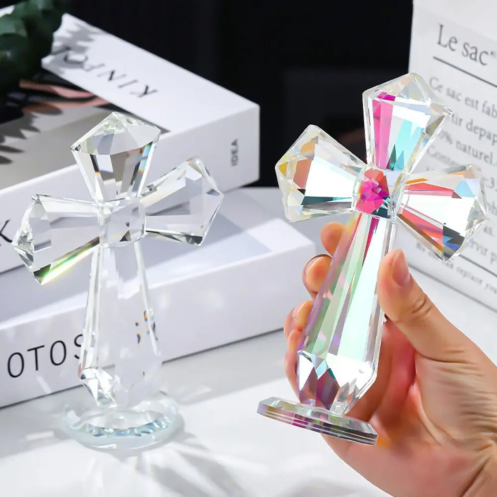 Hand-carved AB Color Crystal Cross Ornament Standing Handmade Christian Cross Crafts Exquisite Crosses Figurine Religious Gift