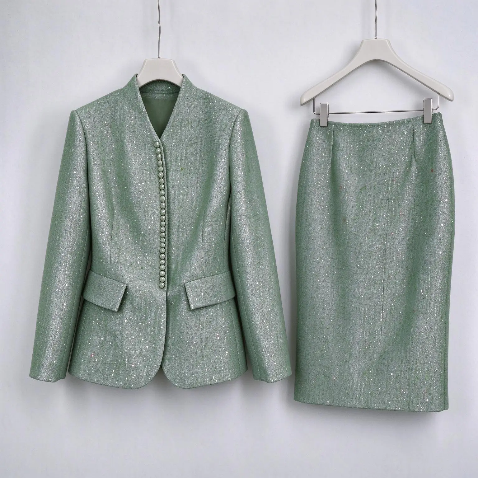 Women Green Textured Tweed Suit Sparkly V Neck Blazer And High Waist Skirt