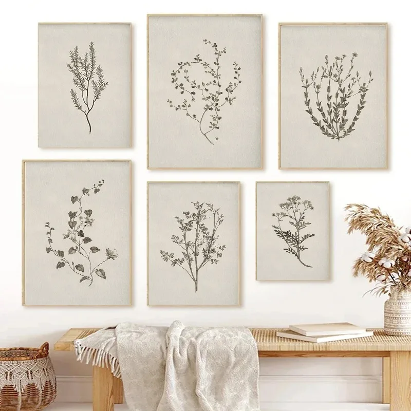 Vintage Botanical Flower Poster Print Beige Tones Floral Blossom Canvas Painting Wall Art Picture Living Room Home Decor Mural