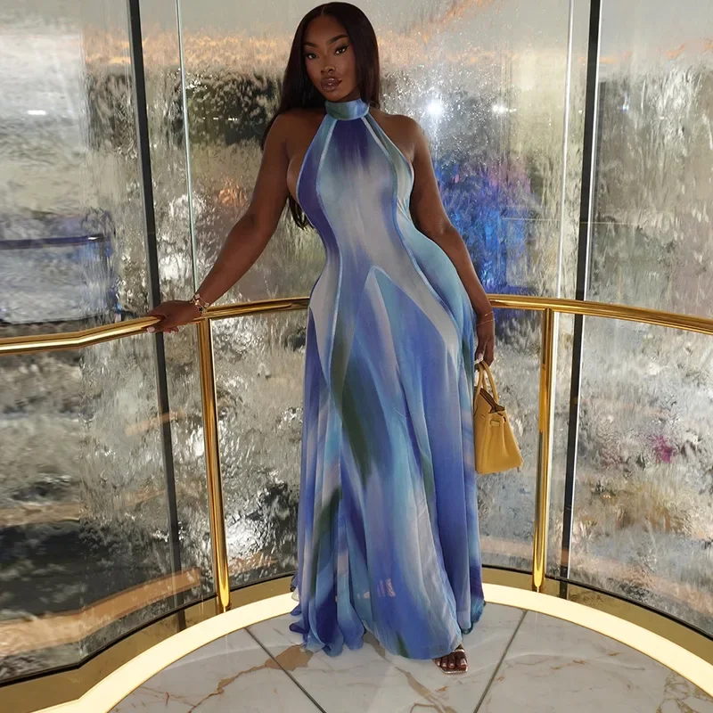 Women Gradient Print O-Neck Sleeveless Bodycon Long Dress 2025 Summer Holiday Birthday Evening Beach Sexy Party Dresses