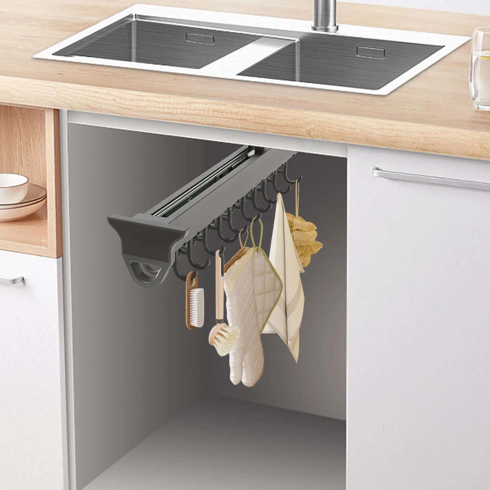 منظم مثبت على الحائط قابل للتمديد، حامل ممسحة مكنسة منزلق مع 20 خطافًا - رف تخزين لأدوات تنظيف مماسح المكانس #1