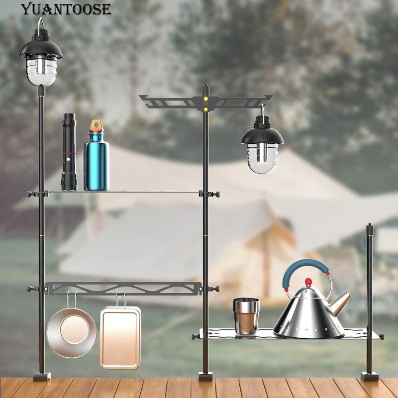 

Outdoor Camping Barbecue Multifunction Folding Tableware Storage Rack With Lamp Stand
