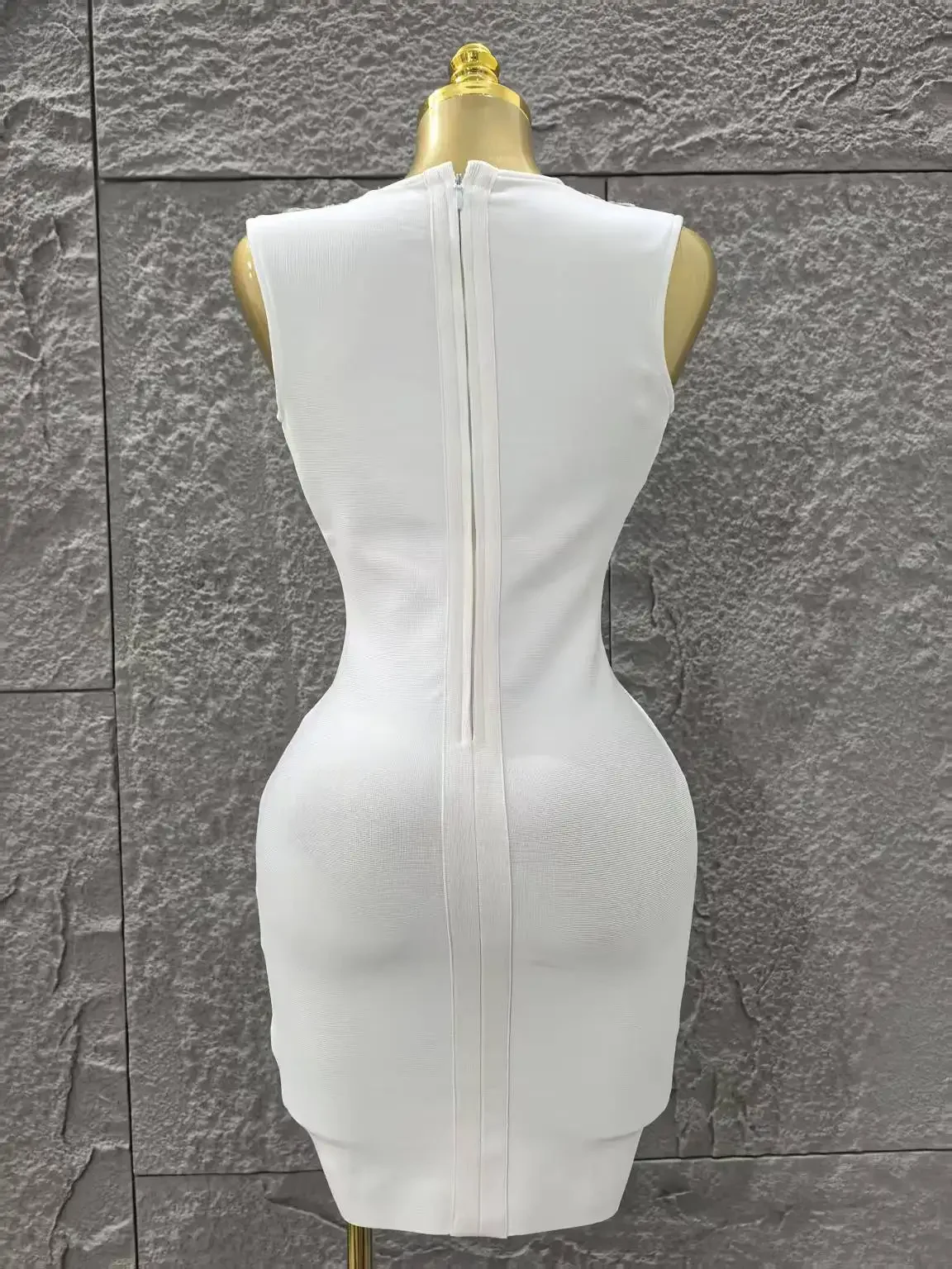 Biała Sukienka Mini Bandage Bez Rękawów z Dekoltem V, Cekinami, Obcisła, Seksowna, Modna na Imprezę, Do Klubu Nocnego, Urodziny