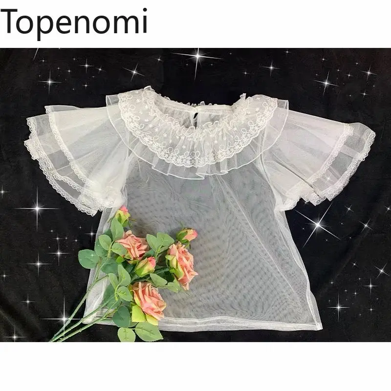 

Topenomi Japanese Sweet Cute Flying Sleeve Mesh Lace Blouse Women Y2k Aesthetic Lolita Base Crop Top Summer Kawaii Shirt Blusas