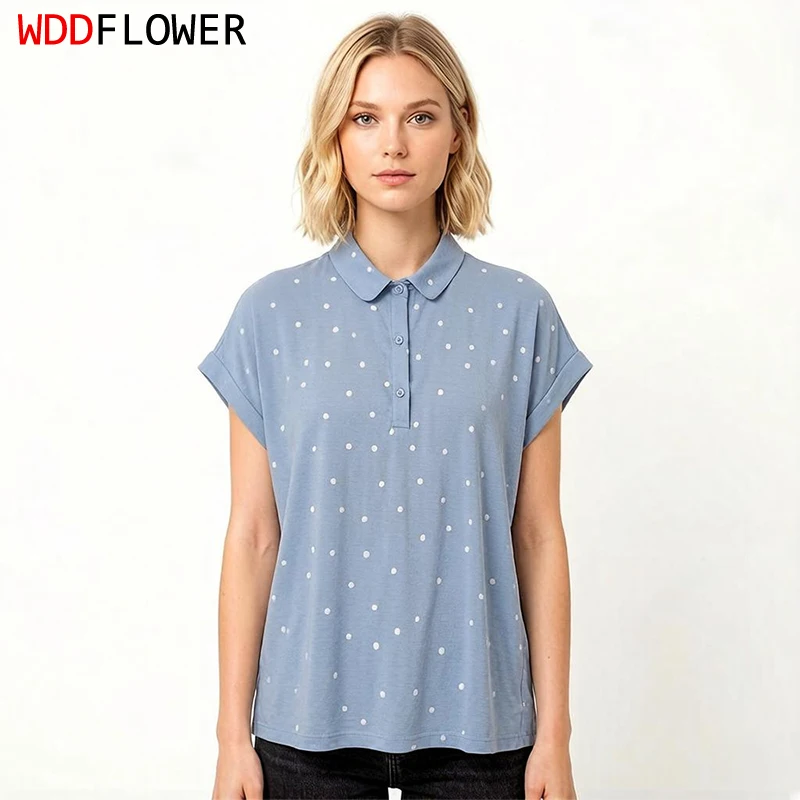 Women Short Sleeve Shirt 100% Mulberry Silk 16 Momme Youthful Blue Polka Dots Peter Pan Collar Shirt Casual Top Blouse M1641