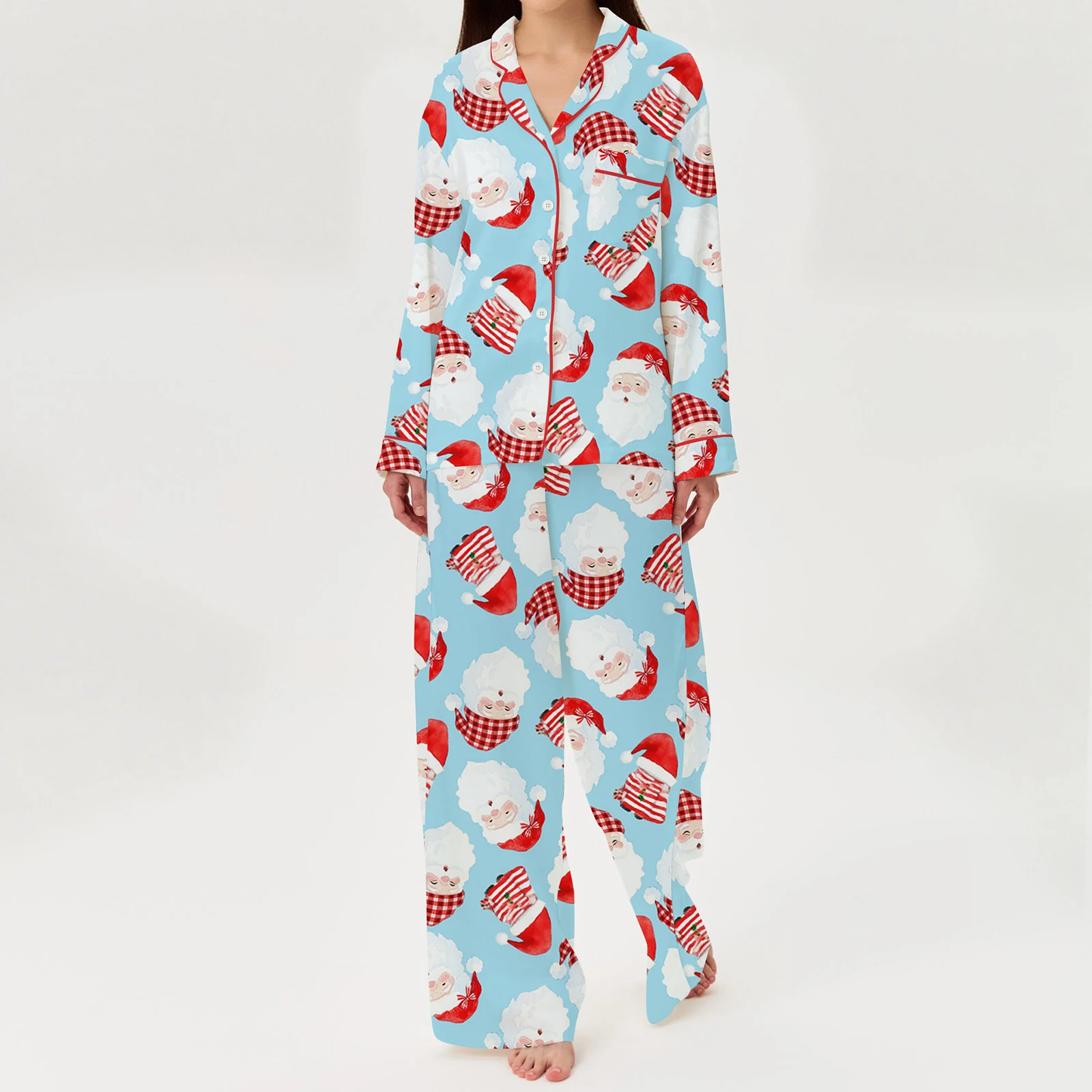 Comfort Women Christmas Pajama Set, Santa Claus Print Long Sleeve Shirt with Pants Sleepwear Loungewear