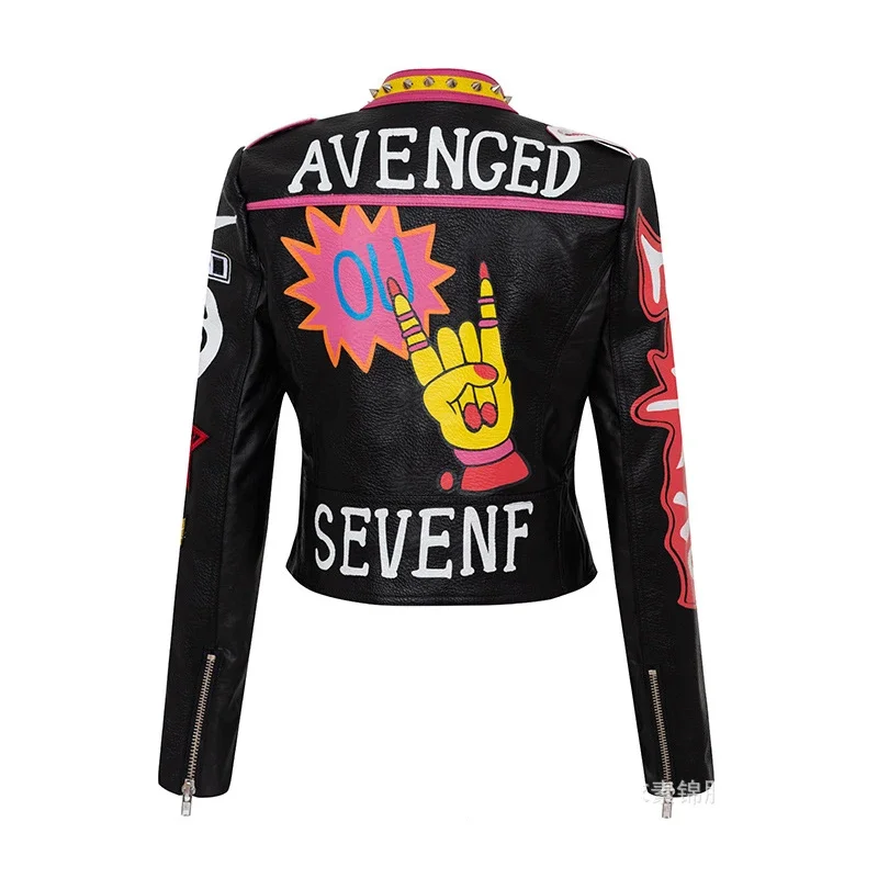 Contrast Graffiti Print Motorcycle Jacket for Women 2024 New Streetwear Slim Stand Collar Cropped Faux Leather Jacket XXXL