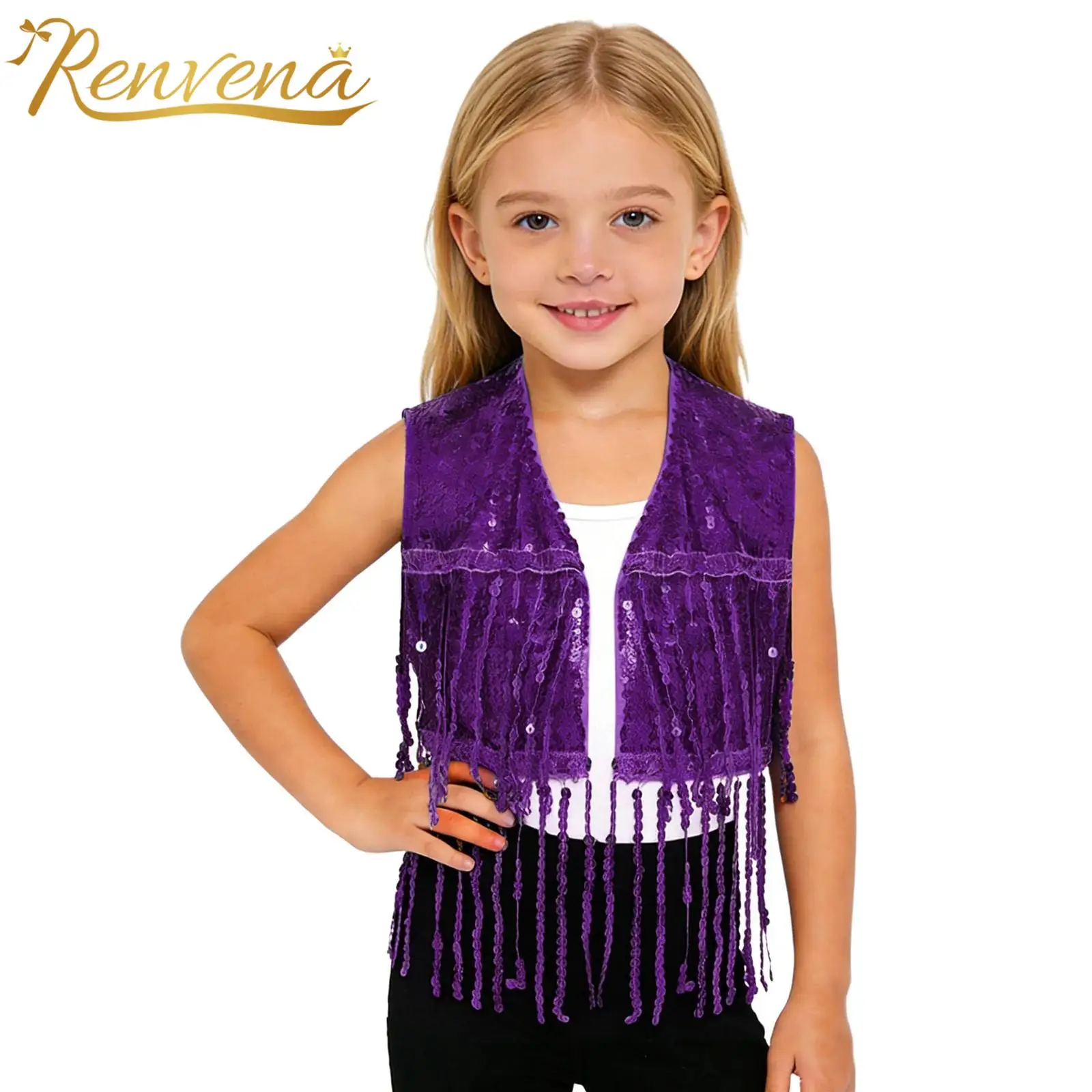 Kids Girls Shiny Sequin Tassel Vest Sleeveless Open Front Fringed Crop Top Waistcoat for Jazz Dance Cha-Cha Performance Costume