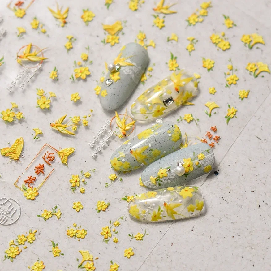 Spring Yellow Flower Swallow Green Lucky Grass White Dove Kite Chinese Crane 5D Self Adhesive Nail Art Stickers Manicure Decals