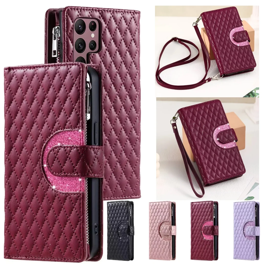 Long Lanyard Zipper Wallet Phone Case for Samsung Galaxy S24 Ultra S23 FE S22 Plus S21 S20 Note 20 10 + Flip Leather Cover Coque