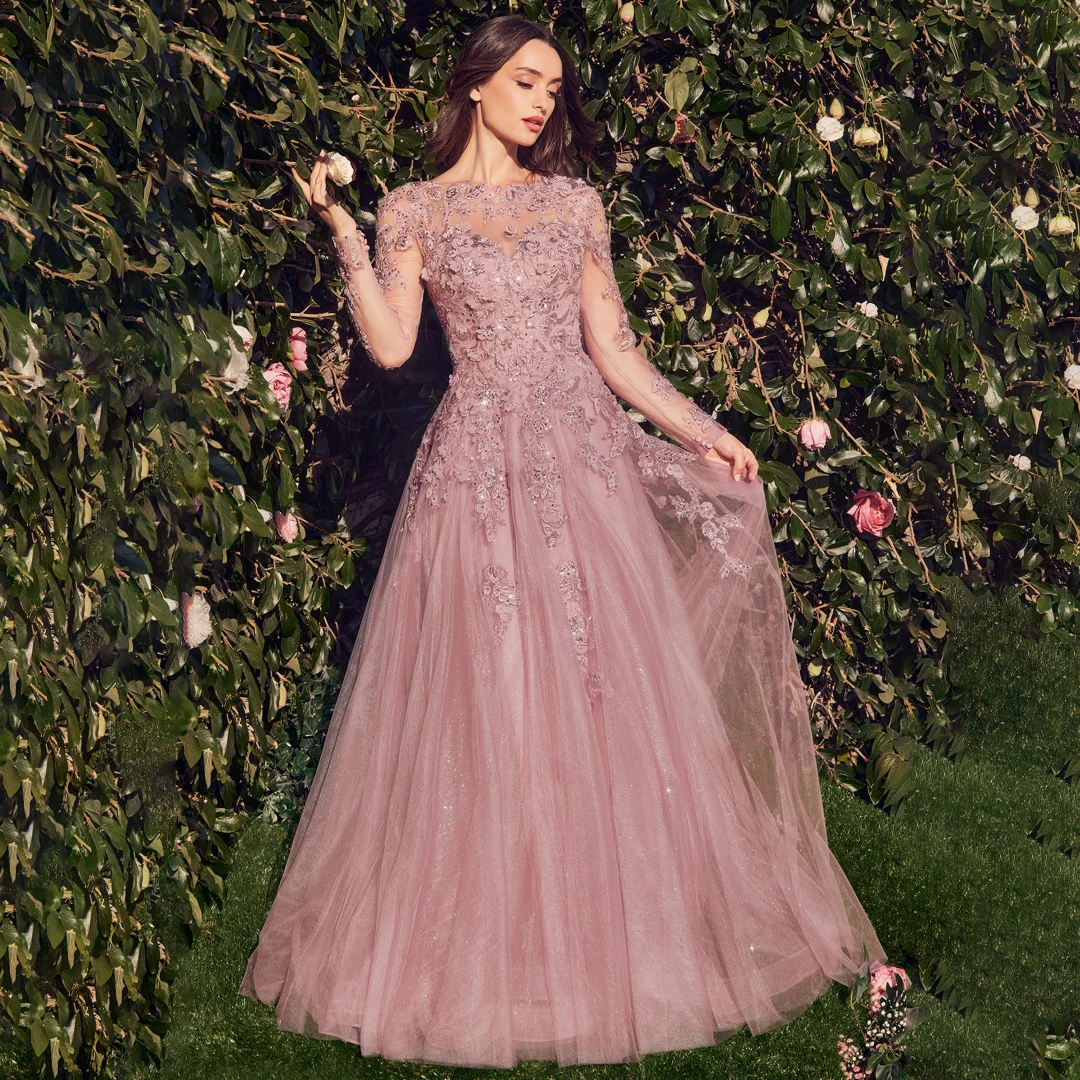 فساتين سهرة أنيقة لامعة بأكمام طويلة ورقبة دائرية زهور ثلاثية الأبعاد مزينة بالدانتيل للحفلات الراقصة للنساء على شكل حرف a بدون ظهر لحفلات الزفاف #3