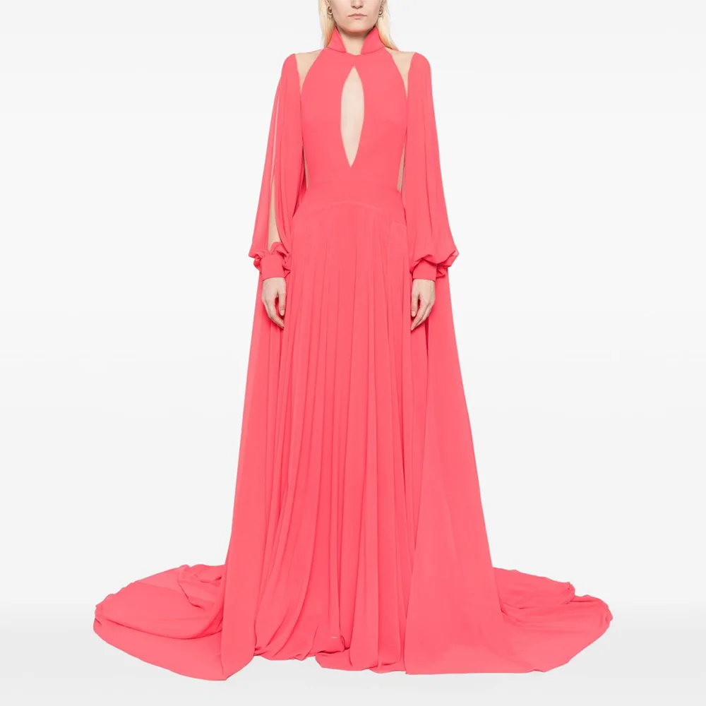 

Wedding Guest Dresses for Women Long Sleeves High Collar Customized Evening Gowns A Line Cut Out Illusion Formal Party Dress