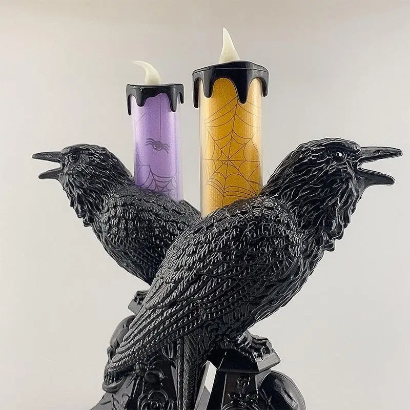 Halloween Black Crow Statue LED Candlestick Light Table Lamp Scary Home Decoration Ornament Party Prop Decor Supplies