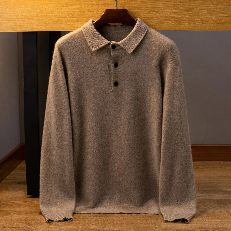 Button autumn and winter new 100% cashmere men's polo collar sweater loose fashion pullover slim warm knit solid colorlongsleeve