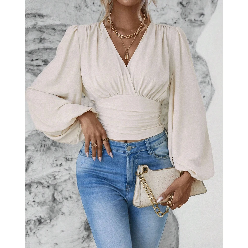 Jesień Kobiety V-Neck Ruched Lantern Sleeve Blouse Top Fashion Skinny Shirring Waist Solid Color Elegant Femme Work Wear Top Traf