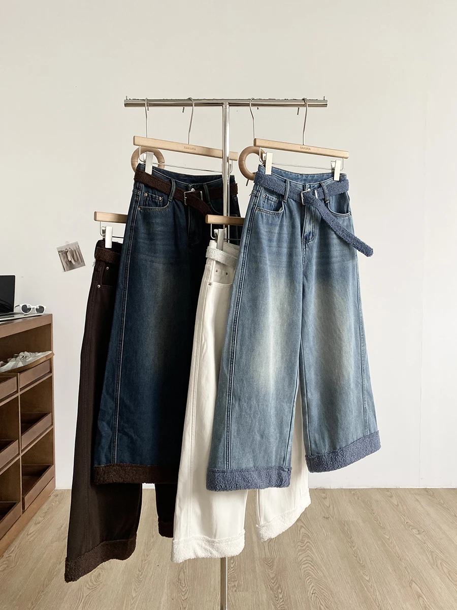 

Зимние джинсы 2025 года с высокой талией и широкими штанинами, женские прямые брюки из драпированного денима, модный повседневный стиль, большие размеры, прикрывающие бедра