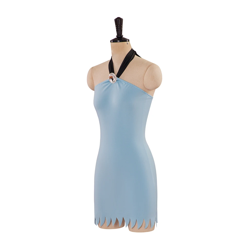 Betty Rubble Cosplay Anime Costume Women Girls Sexy Halter Neck Tube Dress with Headwear Halloween Carnival Party Blue Gown Suit