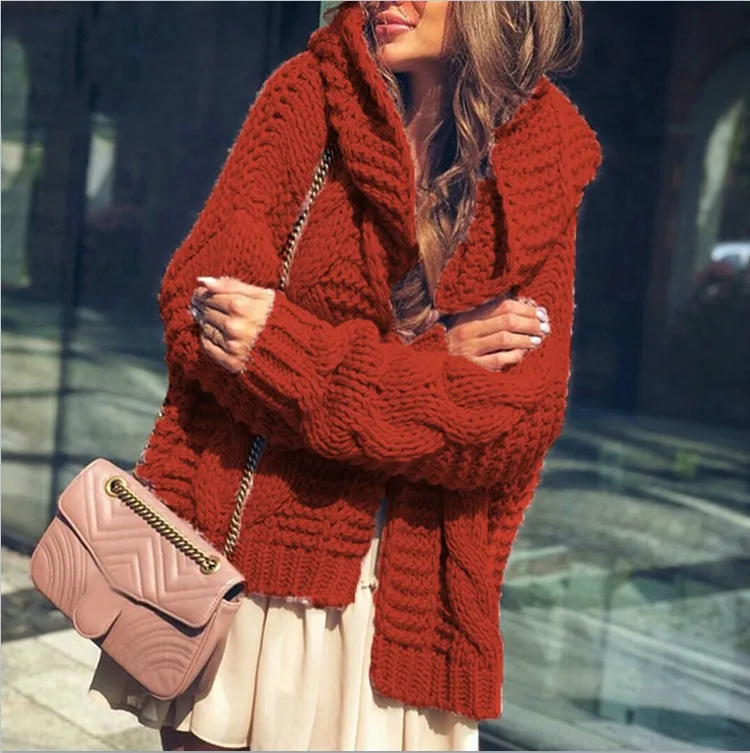 Sweater Women 2024 Fashion Autumn Winter New Warm Twist Hat Solid Color Thick Line Sweater Woman Cardigan Women HHX20248