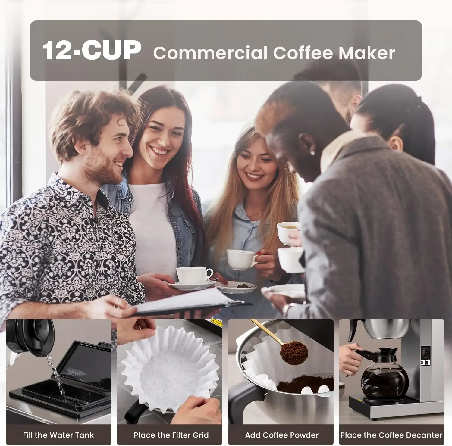 12-Cup Commercial Drip Coffee Maker Pour Over Coffee Maker Brewer with 2 Glass Carafes and Warmers Stainless Steel Cafetera