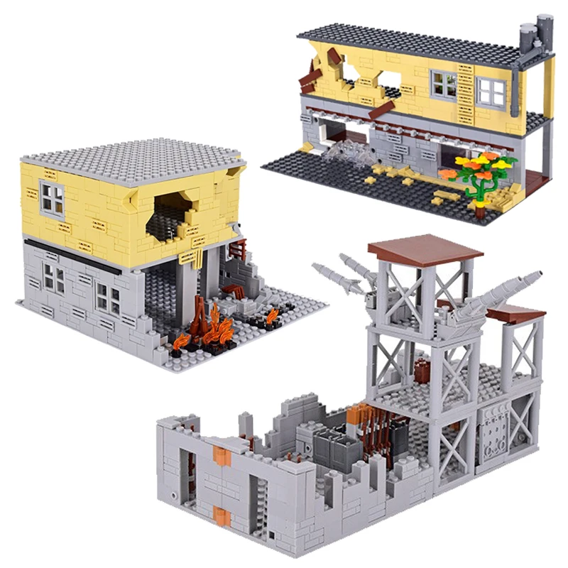 

MOC Military Training Ruins Guard Tower Building Blocks WW2 Field Accessories Command Post Bricks Special Toys for Children Boys