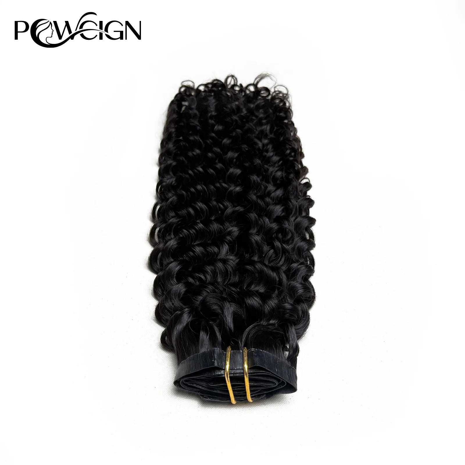 Powcign Light Curly PU Clips In Human Hair Extensions Natural Color Invisible Weft In Brazilian Remy Human Hair 110G