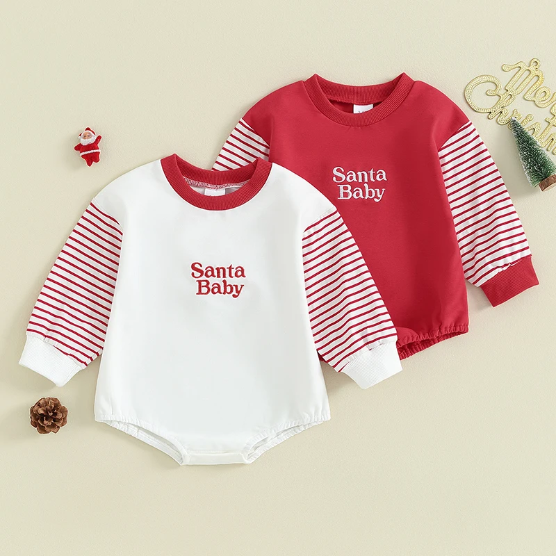 

Baby Christmas Romper Casual Letter Embroidery Striped Patchwork Clothes Crew Neck Long Sleeve Newborn Boys Girls Jumpsuits