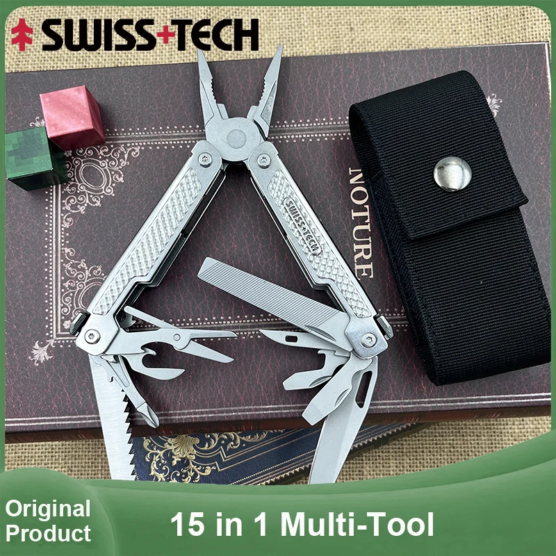 SWISS TECH 15 in 1 Multitool Folding Pliers Pocket Scissors Saw Multifunctional EDC Tool Camping Outdoor Equipment with Case