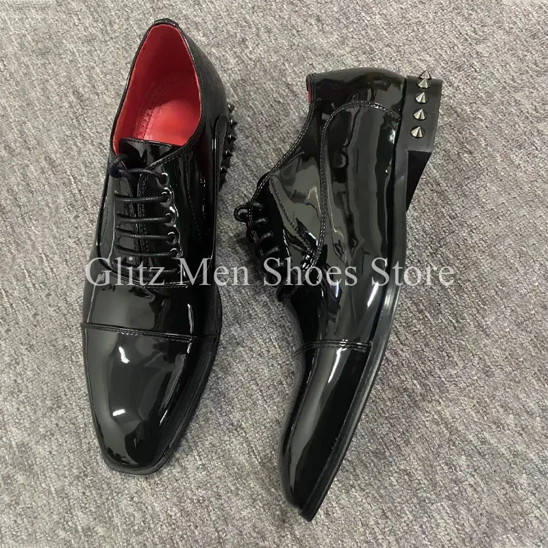 Black Patent Leather Studded Loafers Shoes for Men Small Square Toe Lace-up Loafers Business Formal Wedding Dress Men\'s Shoes