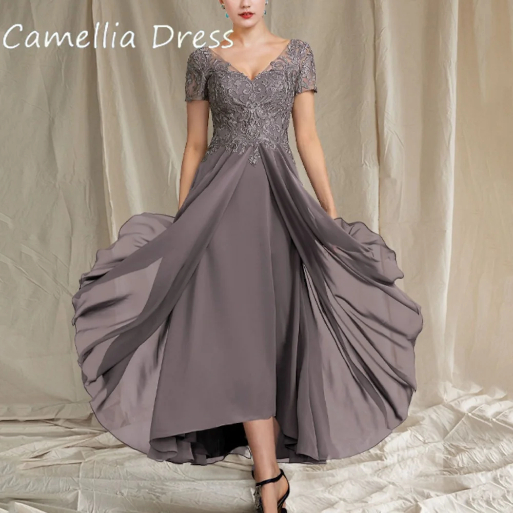 

Camellia Elegant Female Dress V Neck Casual Wedding Party Dresses Lace Short Sleeve Mother of Bride Dresses Robe De Soirée