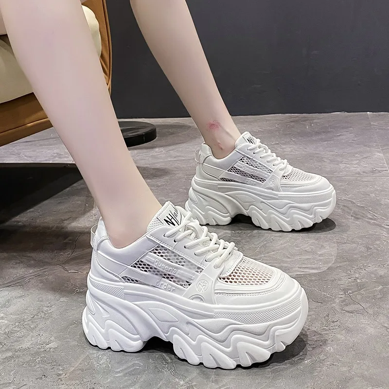 White Chunky Sneakers Women New 2024 Autumn Hidden Heel Platform Sports Dad Shoes Woman Lace Up Breathable Mesh Casual Shoes 8CM