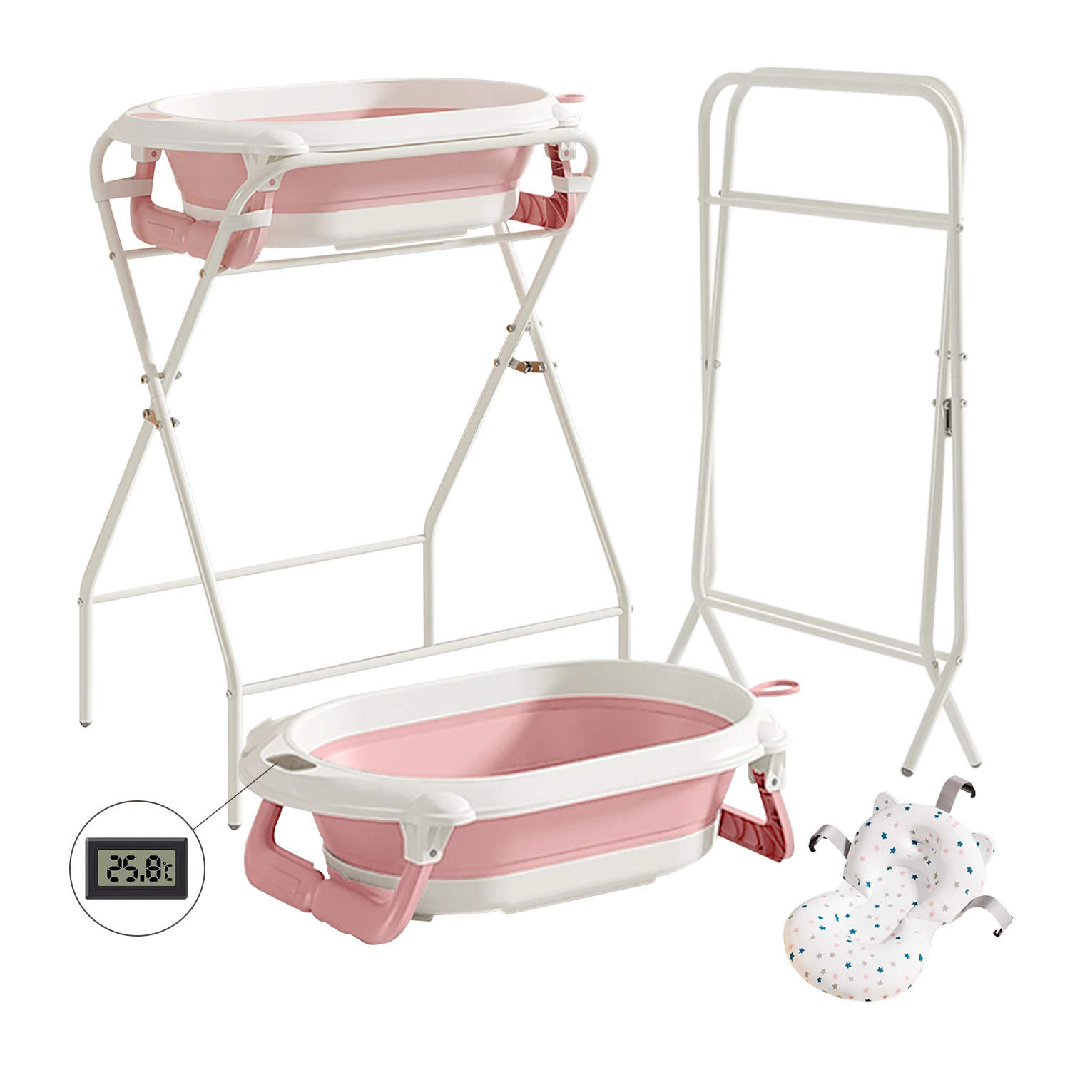 3 in 1 Baby Bath with Stand, Foldable Baby Bath Tub for Newborn to Toddler with Thermometer & Bath Pillow,Multifunctional,Grey image 3